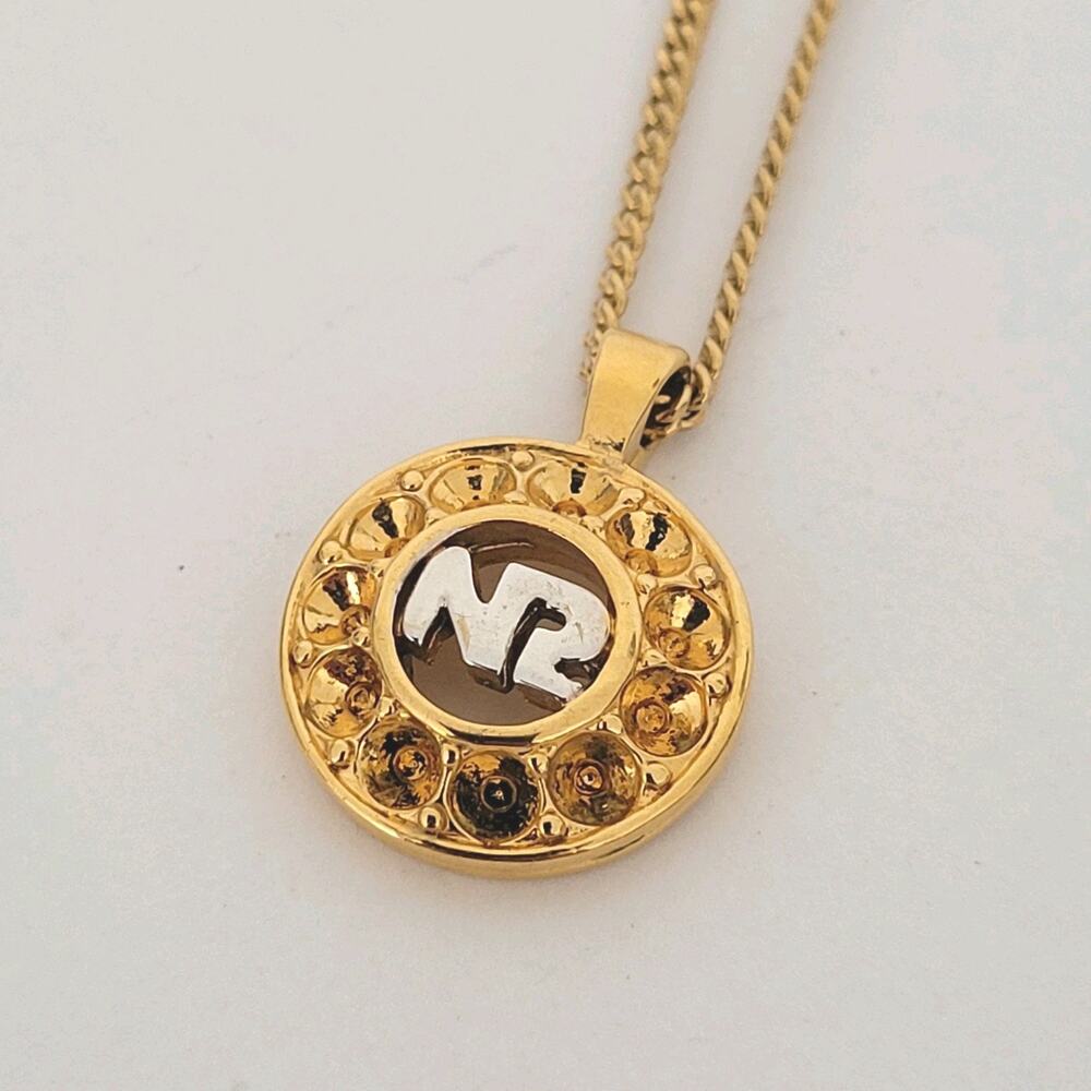 Vintage Nina Ricci NR Round Pendant Necklace Reighstones 15” Gold Tone Chocker
